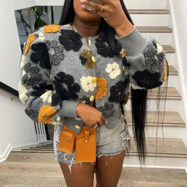 Rose red Chrysanthemum floral print casual polyester jacket with orange and black embroidered flowers on textured fabric