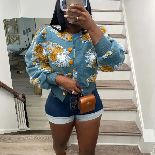 Rose red chrysanthemum floral print casual polyester jacket g0562