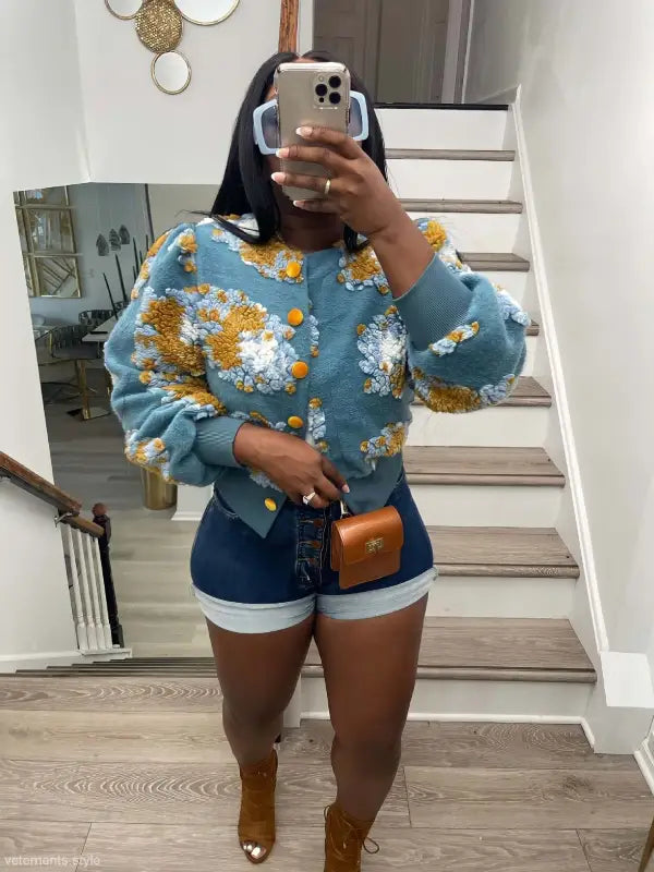 Rose red chrysanthemum floral print casual polyester jacket g0562