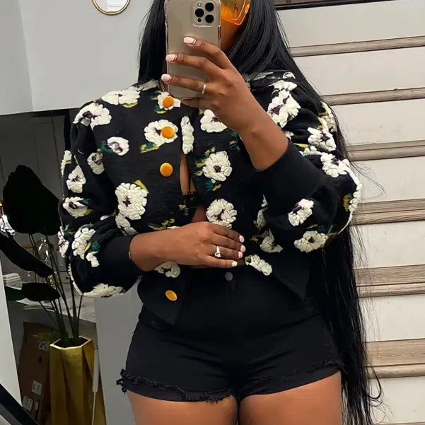 Chrysanthemum floral print rose red polyester jacket with black background