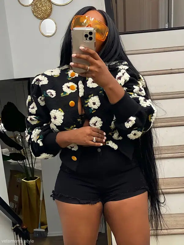 Chrysanthemum floral print rose red polyester jacket with black background