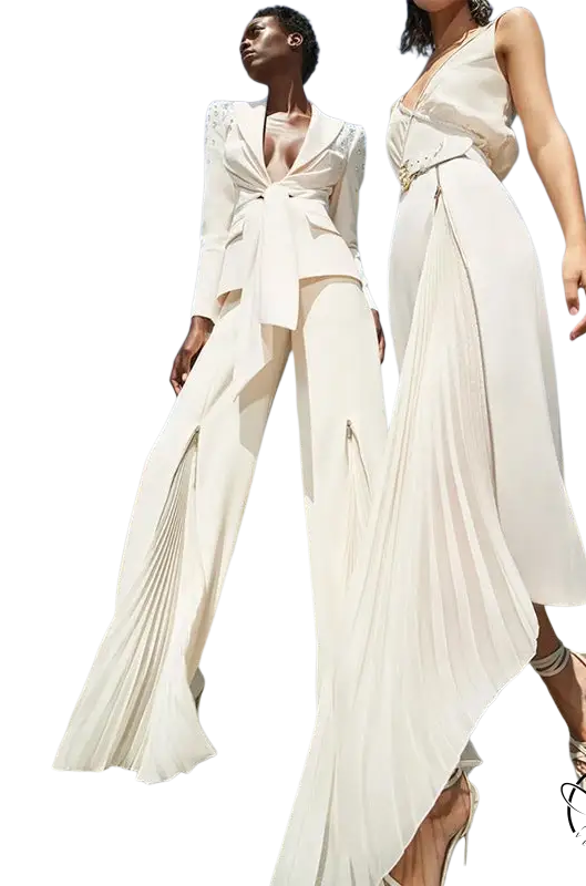 Two women in Clara blazer suit with zipper trousers lace