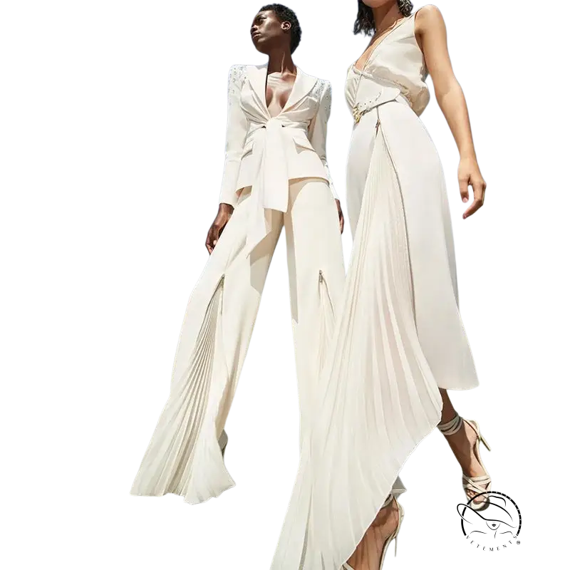 Two women in Clara blazer suit with zipper trousers lace