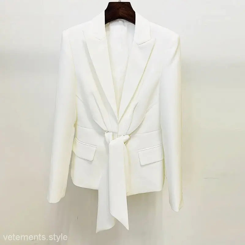 White tie-waist blazer from Clara Blazer Suit with Long Sleeve Top and Zipper Trousers Lace