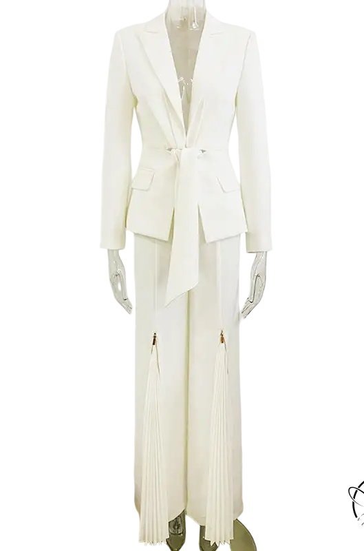 White Clara Blazer Suit with pleated zipper trousers lace details