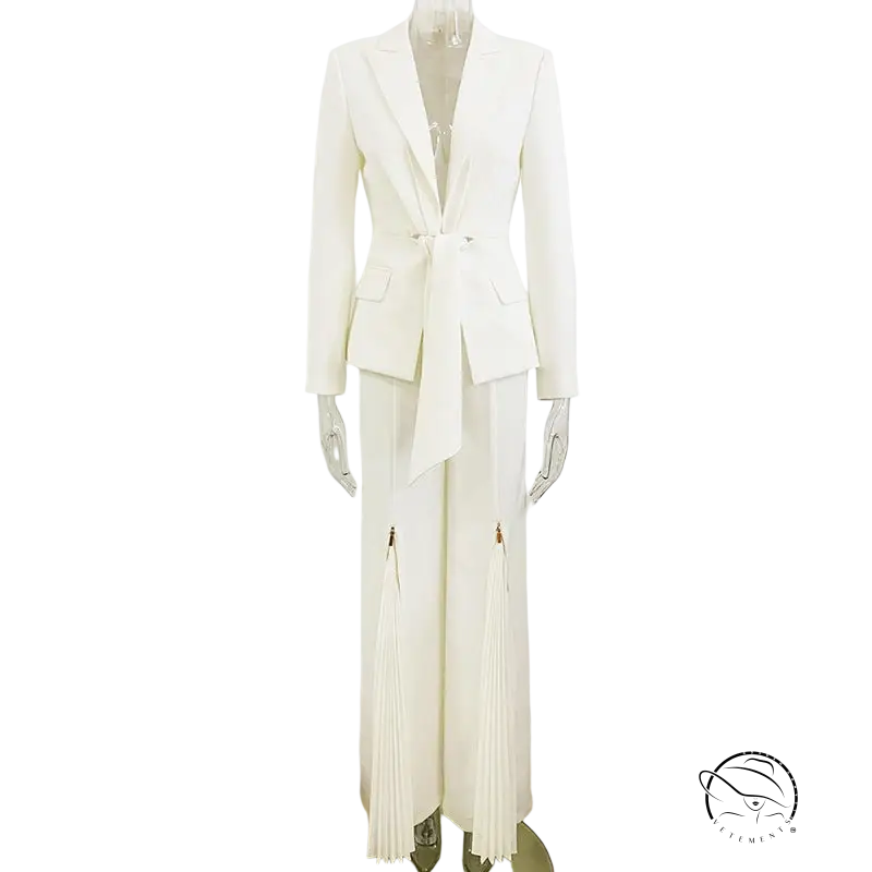 White Clara Blazer Suit with pleated zipper trousers lace details