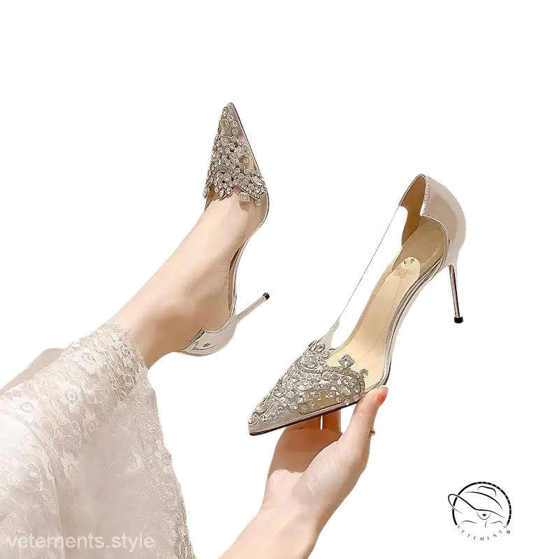 Classic stiletto high heel with crystal-embellished pointed toe and transparent sides