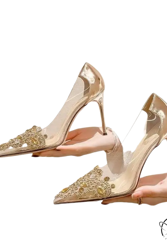 Classic stiletto high heel shoes with rhinestone toes