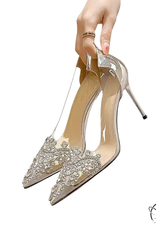 Classic stiletto high heels with rhinestone toe embellishments