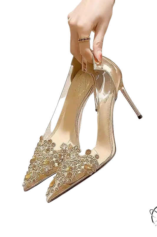 Classic stiletto high heels with rhinestone toe and crystal embellishments