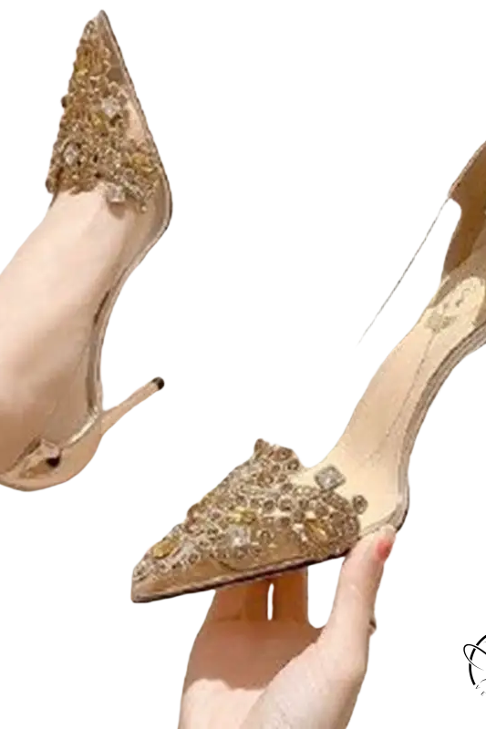 Classic stiletto high heel with rhinestone toe and transparent sides