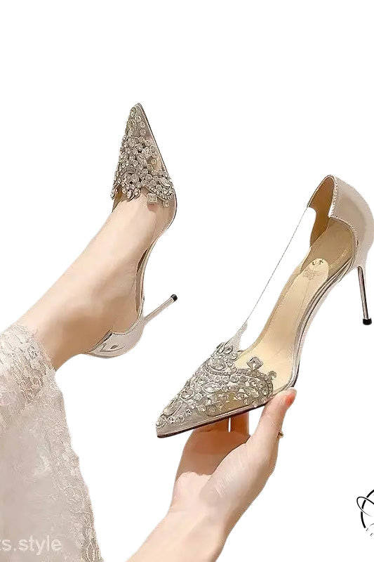 Classic stiletto high heels with rhinestone toe and crystal sides