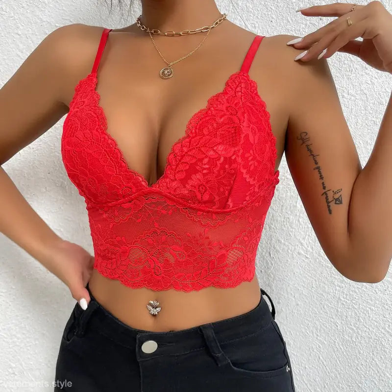 Coffee brown lace vest top featuring intricate lace detailing and a V-neck design