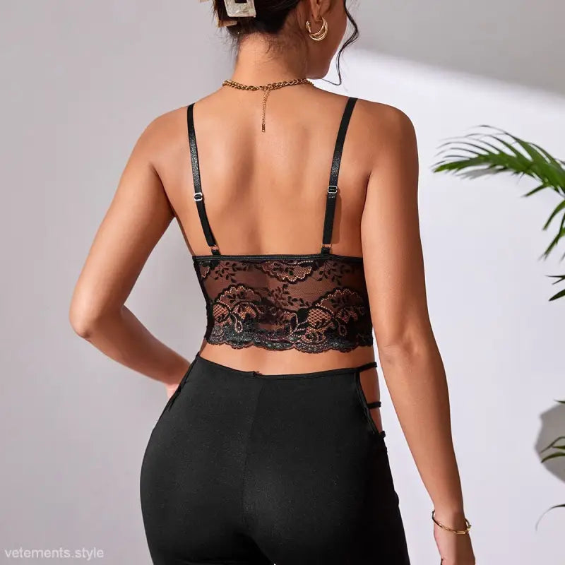 Coffee brown lace vest crop top with v-neck, ideal for summer fashion