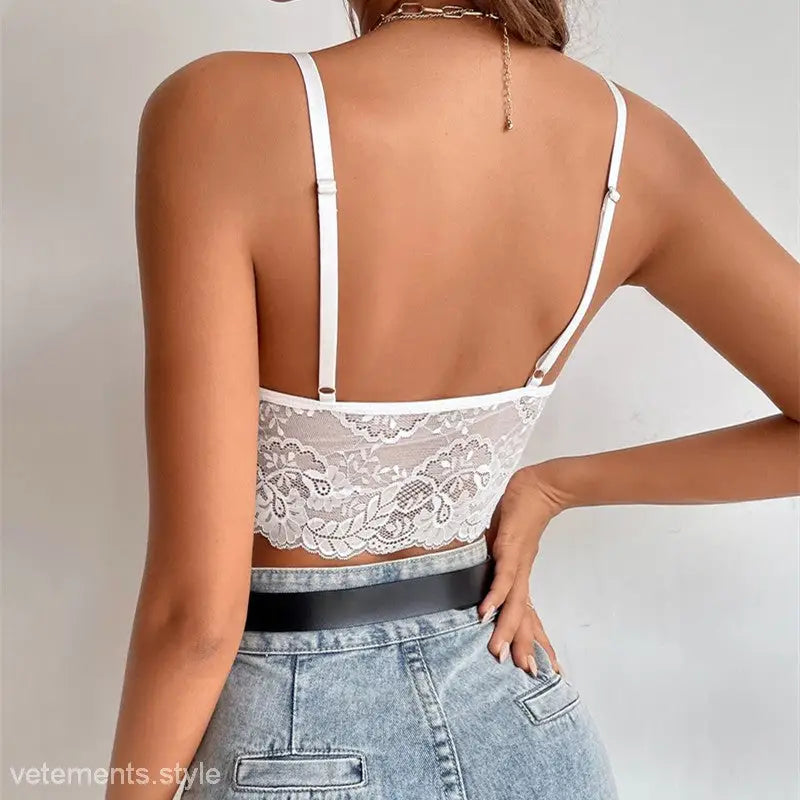 White lace bralette featured in the Coffee Brown Lace Vest Top Summer Crop V-Neck Camisole
