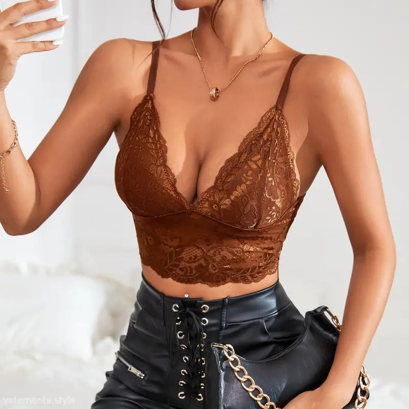 Coffee brown lace vest top featuring a stylish V-neck design and delicate lace details