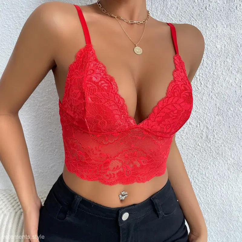 Coffee brown lace vest top featuring a red lace bralette for stylish summer wear