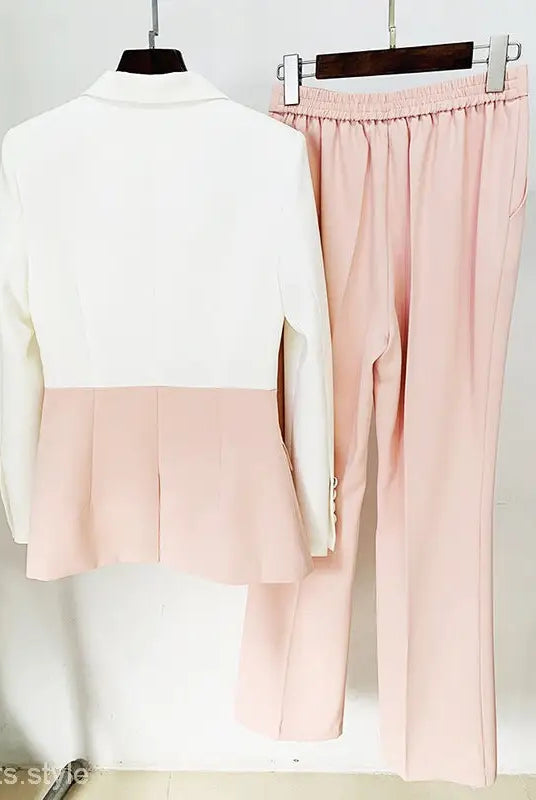 Two-piece blazer suit set with white blue stitching and pink trousers for stylish wear
