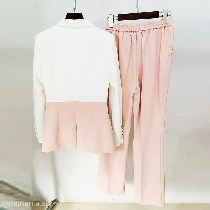 Two-piece blazer suit set with white blue stitching and pink trousers for stylish wear