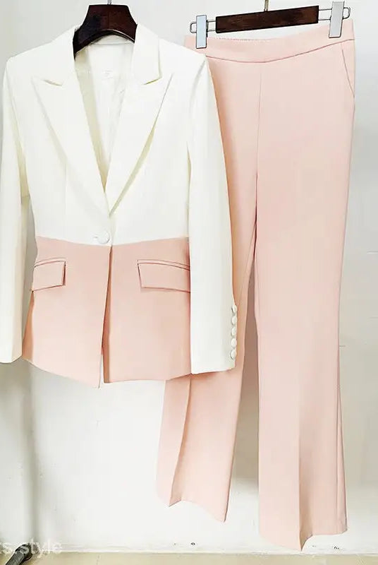 Two-piece women’s blazer suit set with white blue stitching and color-blocked blazer