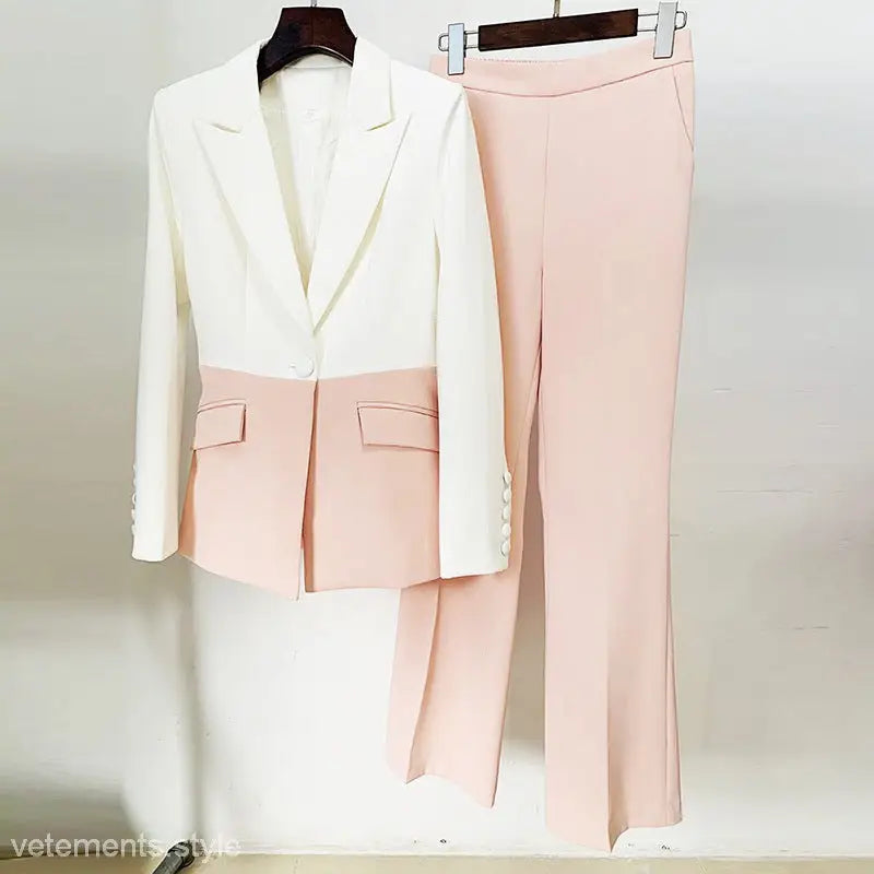 Two-piece women’s blazer suit set with white blue stitching and color-blocked blazer