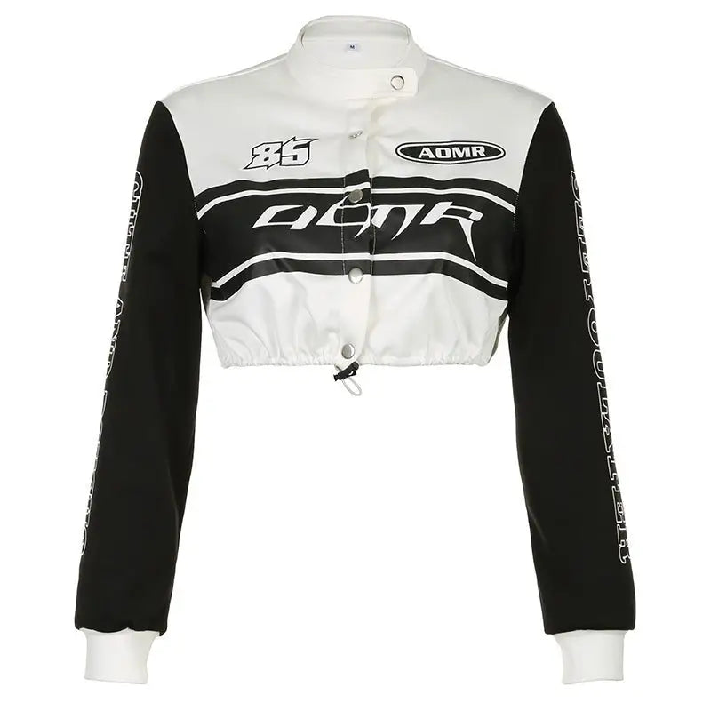 Cropped racing jacket with black and white color-blocking, sponsor logos, motorcycle sexy design