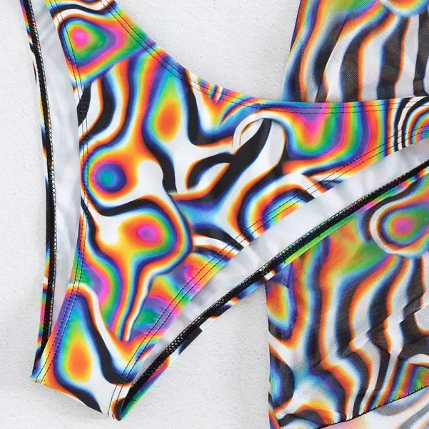 Colorful bikini three piece set with psychedelic swirl print high-waisted bottom and mesh cover-up