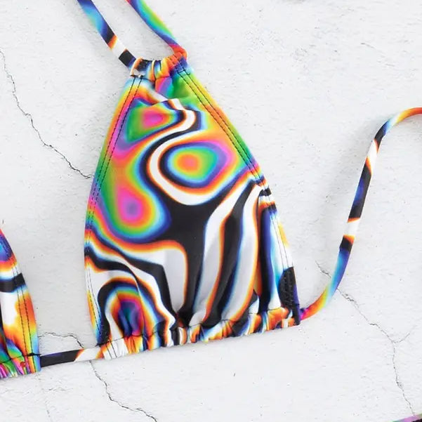 Colorful bikini three piece set with psychedelic swirl print triangle bikini top