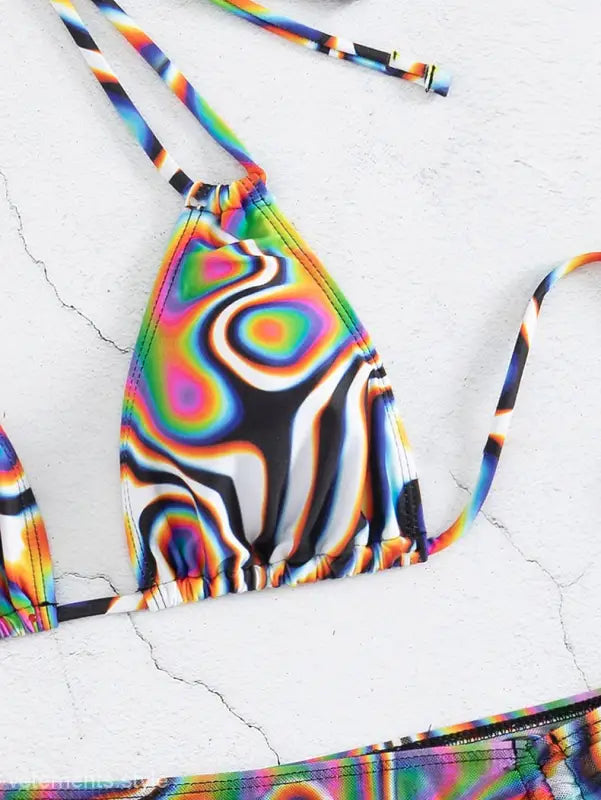 Colorful bikini three piece set with psychedelic swirl print triangle bikini top