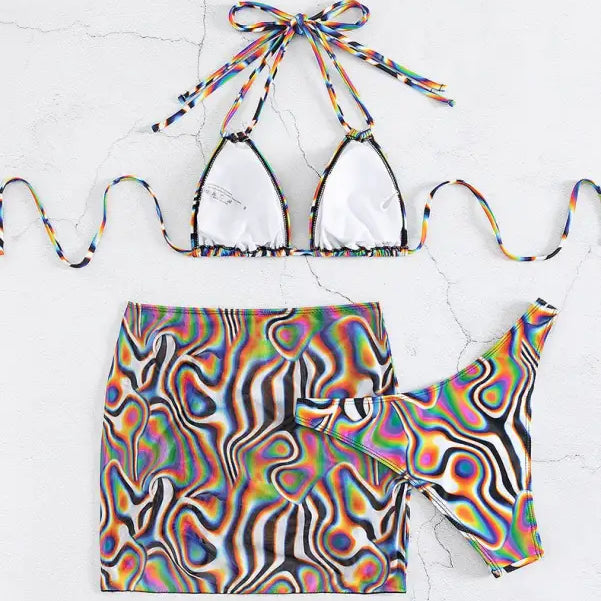 Colorful bikini three piece set with psychedelic boho swirl print and triangle top