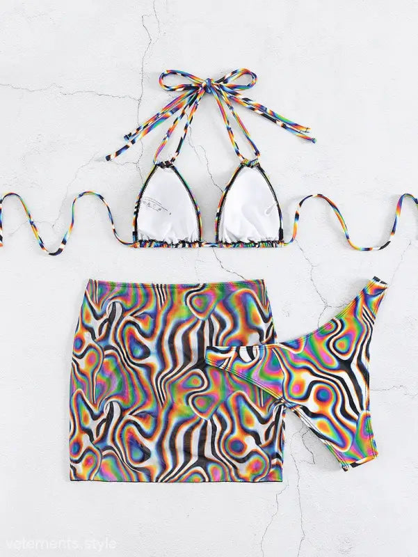 Colorful bikini three piece set with psychedelic boho swirl print and triangle top