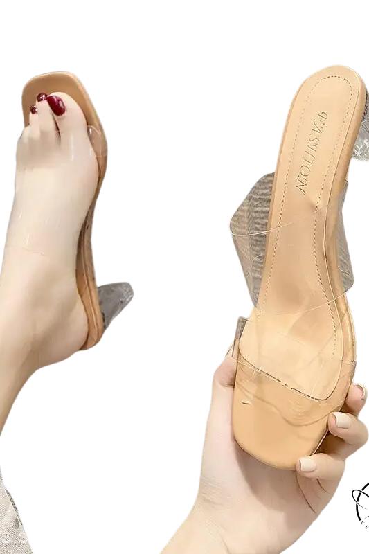 Apricot 9cm clear high-heeled sandals with beige leather-look mules and acrylic heels