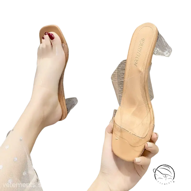 Apricot 9cm clear high-heeled sandals with beige leather-look mules and acrylic heels