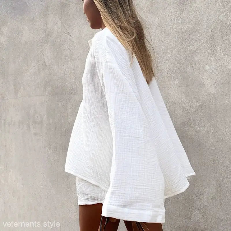 White textured oversized shirt from Comfortable Cotton Pajamas Set with pocket sleeves