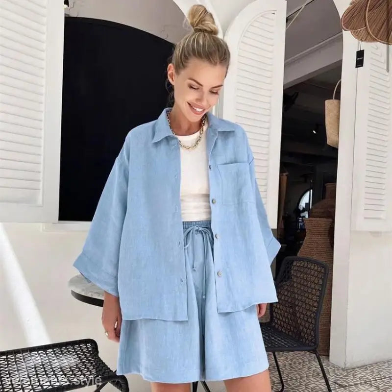 Light blue linen shorts set from summer cotton shorts pajamas collection for summer relaxation