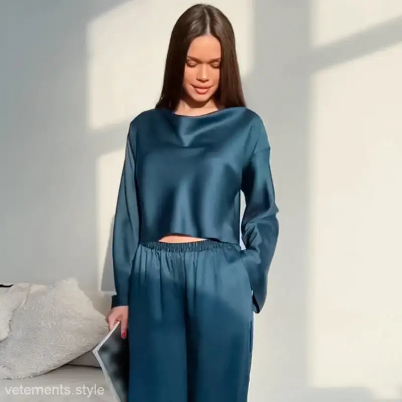 Teal satin French silk pajamas comfortable set with long sleeve top and pants
