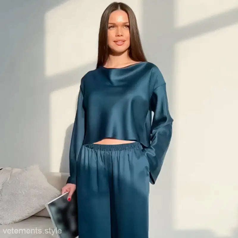 Teal satin french silk pajamas comfortable set with long sleeve top and pants