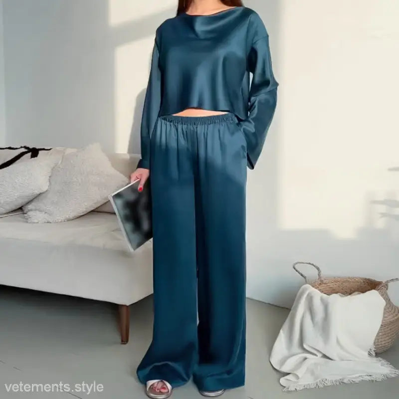 Teal satin french silk pajamas comfortable set with long sleeve top and pants