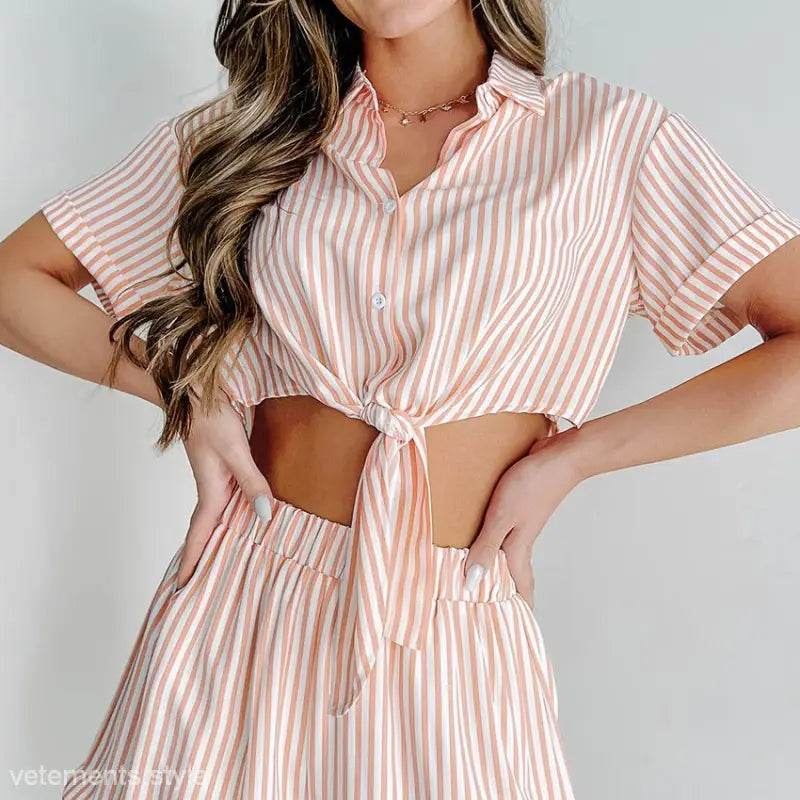 Striped tie-front crop top and skirt set from comfortable loose breathable pajamas collection