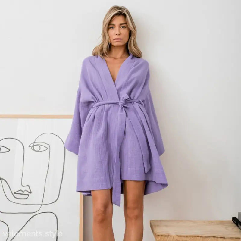 Lavender-colored skin friendly robe with wide sleeves and tie waist for comfortable cotton loose wear