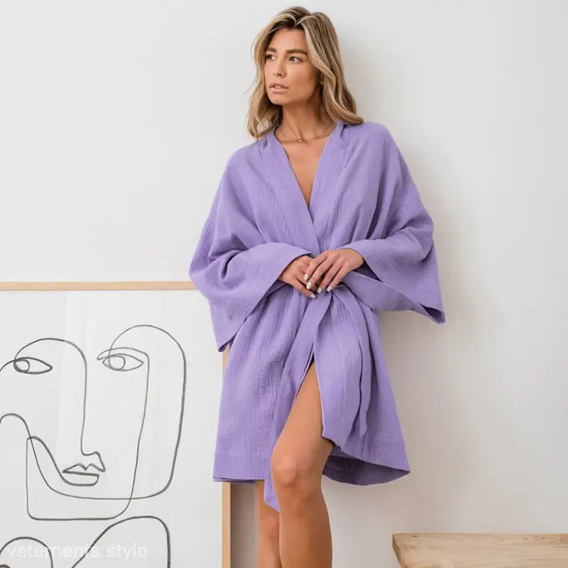Lavender skin friendly robe with wide sleeves, part of Comfortable Skin Friendly Cotton Dress