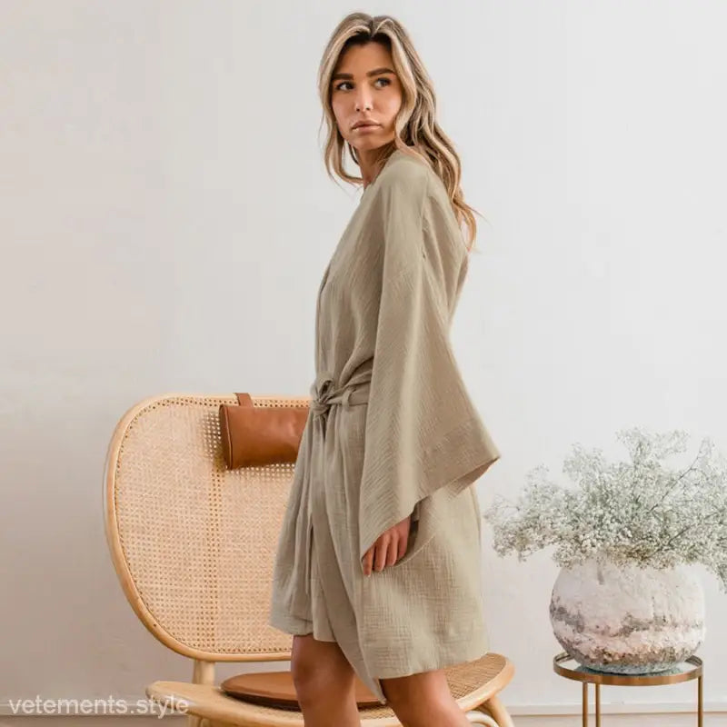 Woman modeling a comfortable skin friendly cotton loose robe dress with wide sleeves
