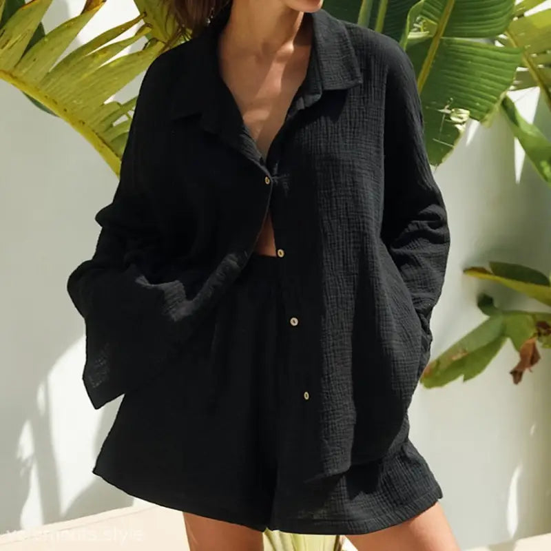 Comfy black pajamas featuring a long sleeve cotton gauze shirt and shorts two-piece set