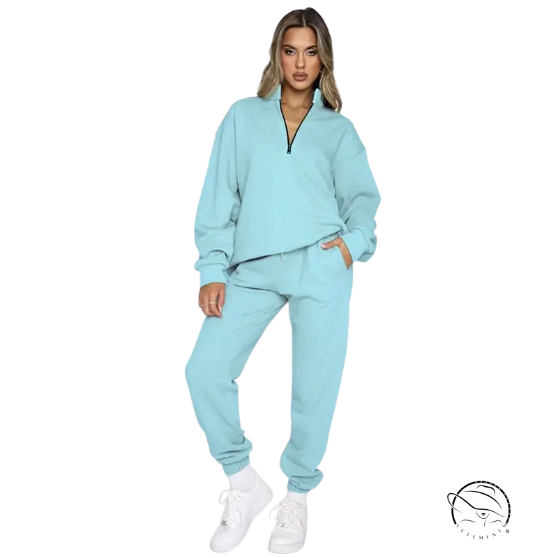 Light blue comfy cool pullover with zipper front and smart trousers suit