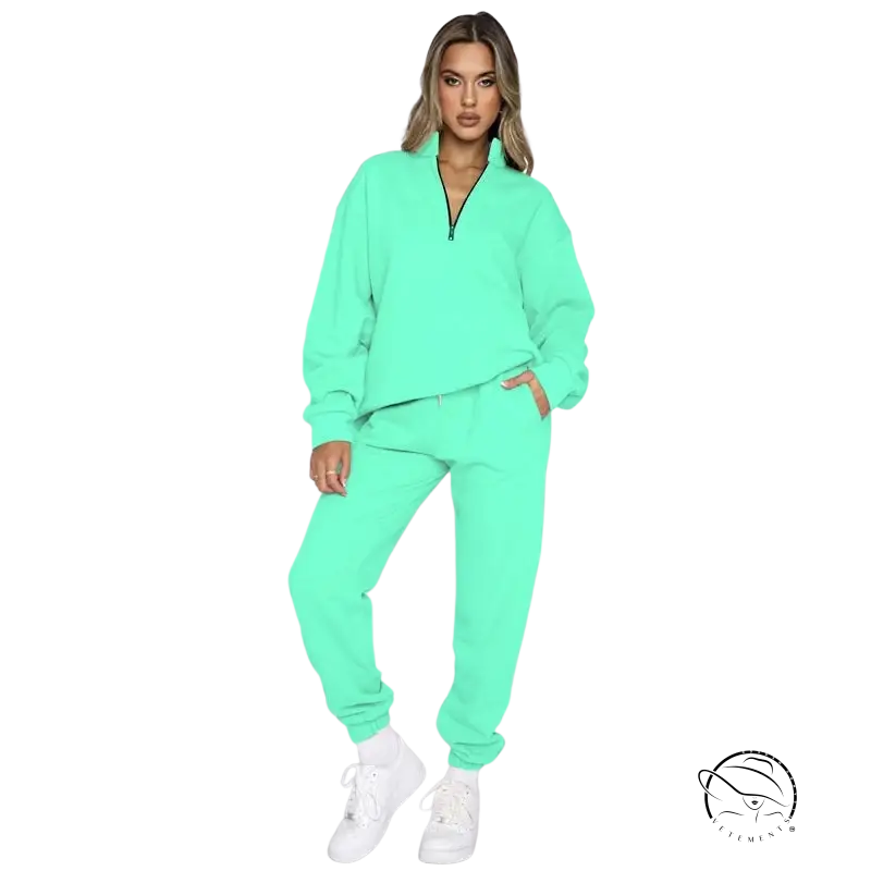 Mint green comfy cool pullover with zipper and smart trousers suit