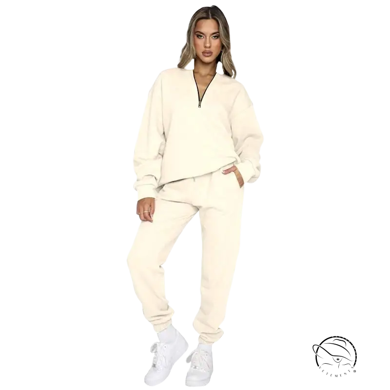 Cream-colored comfy cool pullover with smart trousers suit