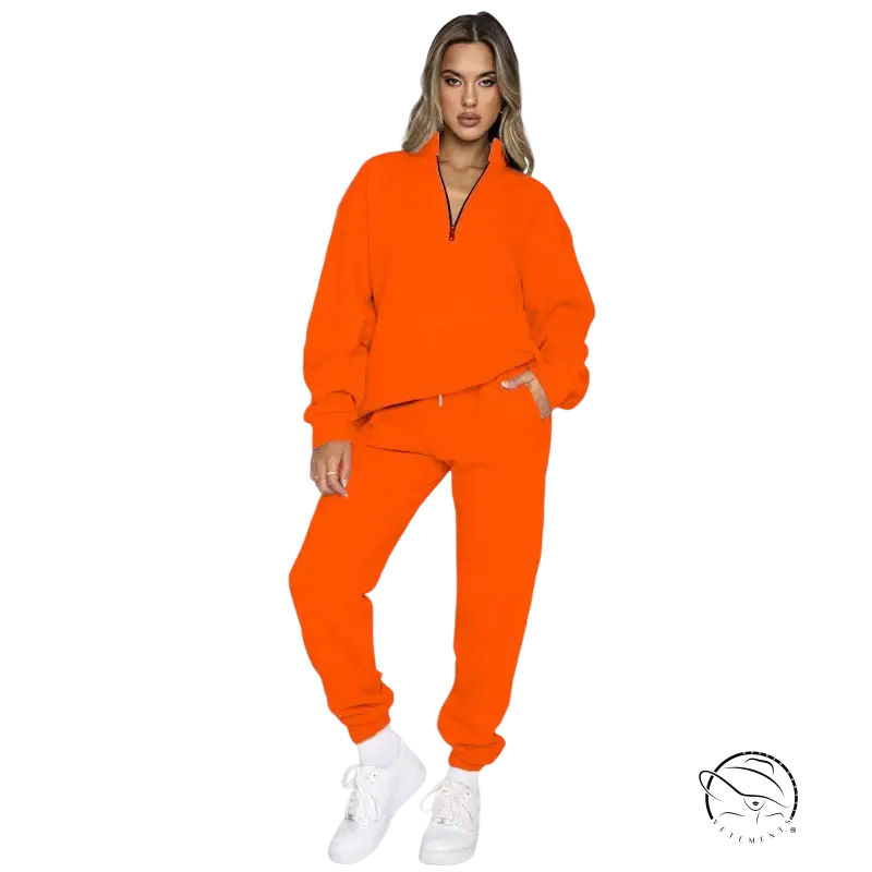 Bright orange comfy cool pullover with smart trousers suit