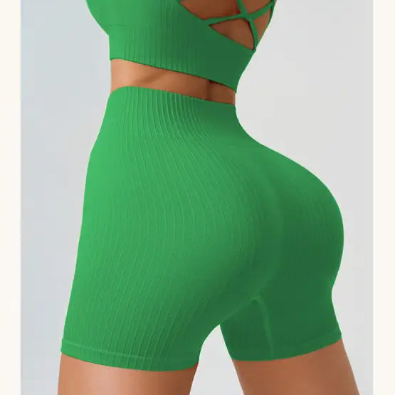 Green ribbed workout set featuring Comfy High Waist Yoga Shorts in Peach Blossom Pink and Dark Coffee Color