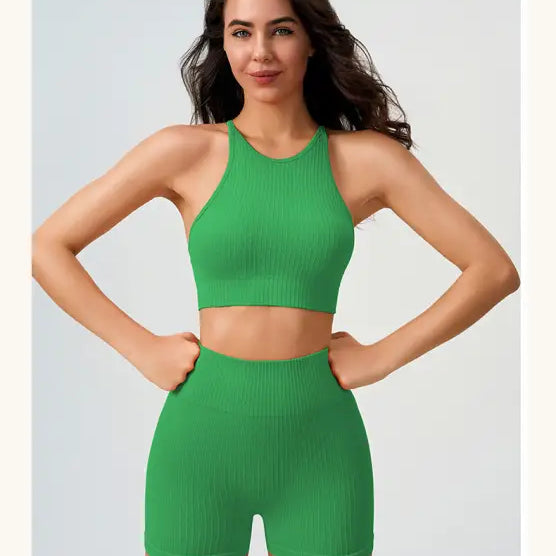 Woman in green ribbed athletic set showcasing Comfy High Waist Yoga Shorts in Dark Coffee Color