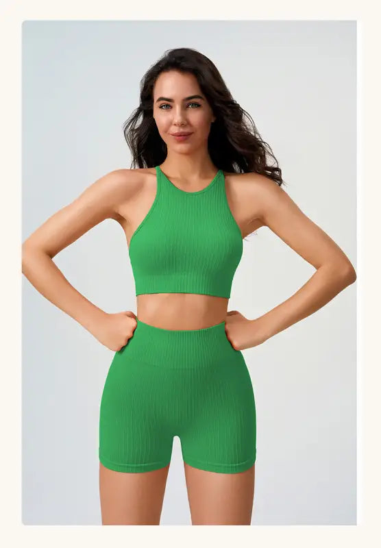 Woman in green ribbed athletic set showcasing Comfy High Waist Yoga Shorts in Dark Coffee Color